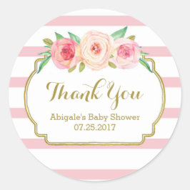 Roos Stripes Pink Floral Baby shower Favor Tags Ronde Sticker