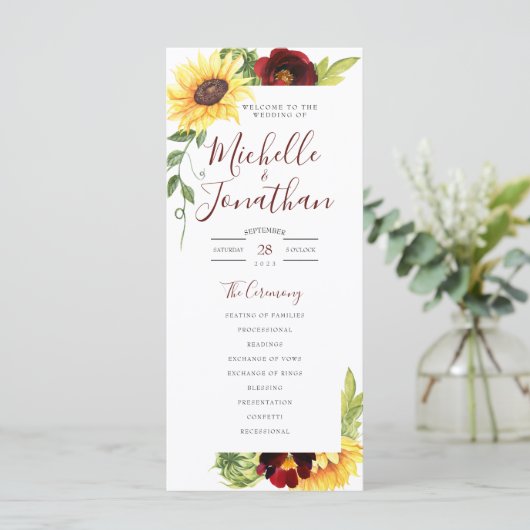 Roos Sunflower Wedding Programme Tall Flat Kaart (Staand voorkant)