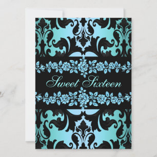 Roos Sweet16 Damask Blauwe Verjaardagsuitnodiging Kaart