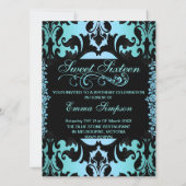 Roos Sweet16 Damask Blue verjaardagsuitnodiging Kaart (Achterkant)