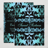 Roos Sweet16 Damask Blue verjaardagsuitnodiging Kaart (Voorkant / Achterkant)