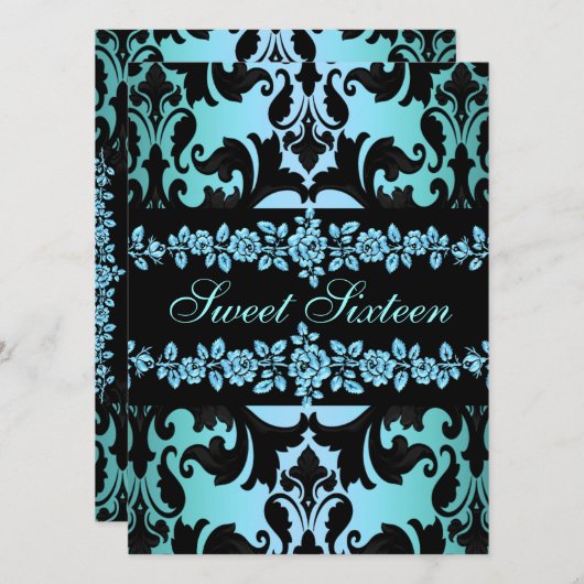 Roos Sweet16 Damask Blue verjaardagsuitnodiging Kaart (Voorkant / Achterkant)