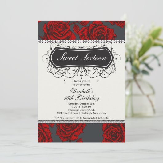  Roos Sweet Sixteen Birthday Uitnodiging (Staand voorkant)