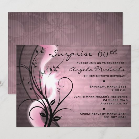 Roos Swirls Birthday Party Invitation Kaart (Voorkant / Achterkant)