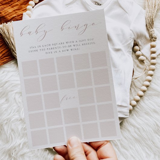 Roos Taupe Calligrafie Baby shower Bingo Spel Kaar Kaart