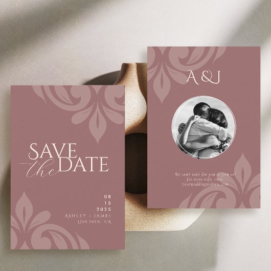 Roos Taupe Classic Script Damask Fotobruiloft Save The Date