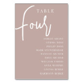 Roos Taupe Hand Scripted Table FOUR + Guest Names Kaart (Achterkant)