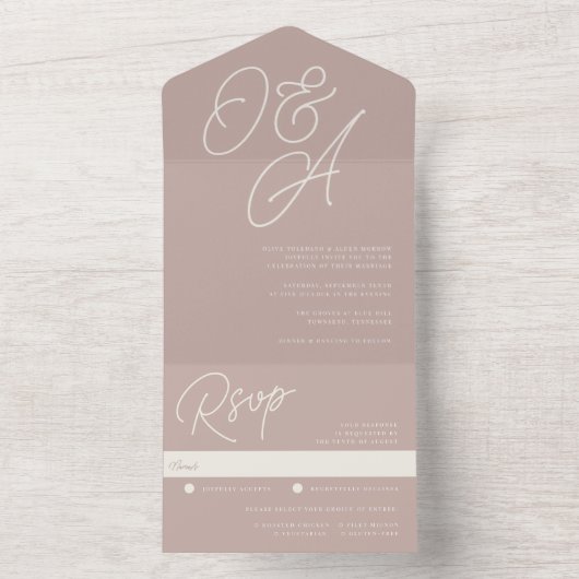 Roos Taupe | Manuscript Watermark Monogram Weddens All In One Uitnodiging (Binnen)