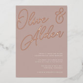 Roos Taupe | Roos Gold Script Wedding Folie Uitnodiging (Voorkant)