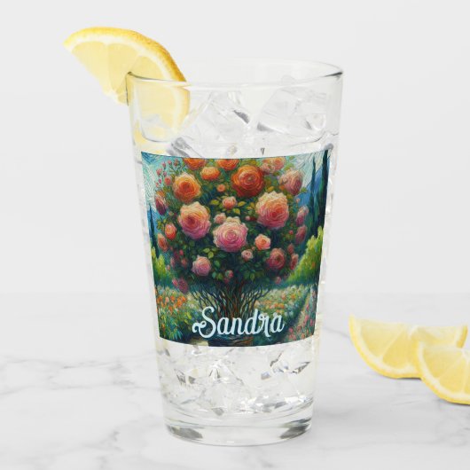 Roos Topiary Van Gogh Style Rozen Floral Pink Glas (Voorkant ijs)