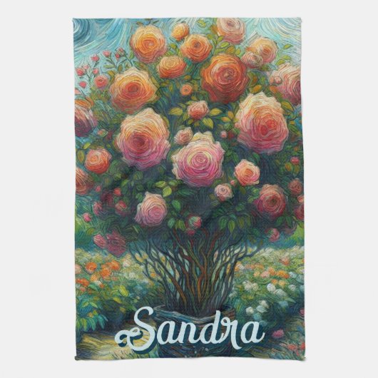 Roos Topiary Van Gogh Style Rozen Floral Pink Theedoek (Verticaal)