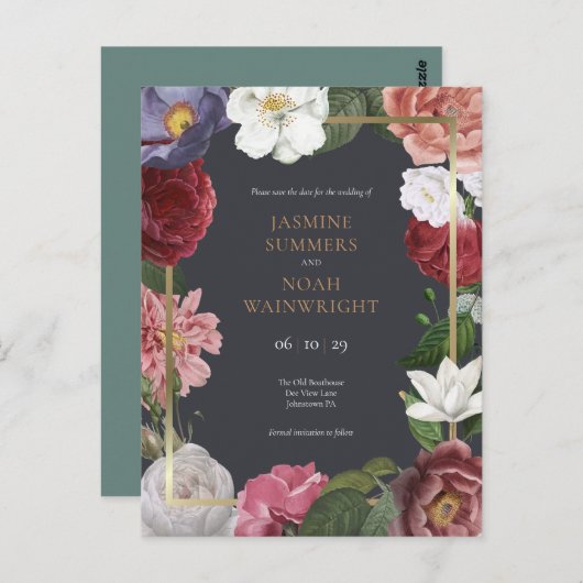 Roos Treillage Faux Gold Foil Save the Date Briefkaart (Voorkant / Achterkant)