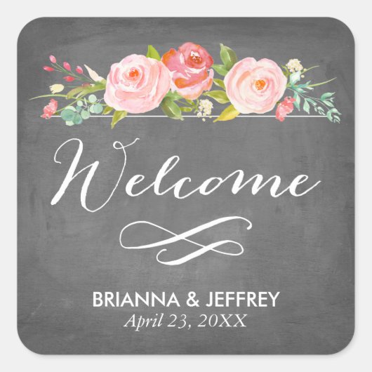 Roos Tuin Bloemen Bruiloft Favor Etiketten Vierkan (Voorkant)