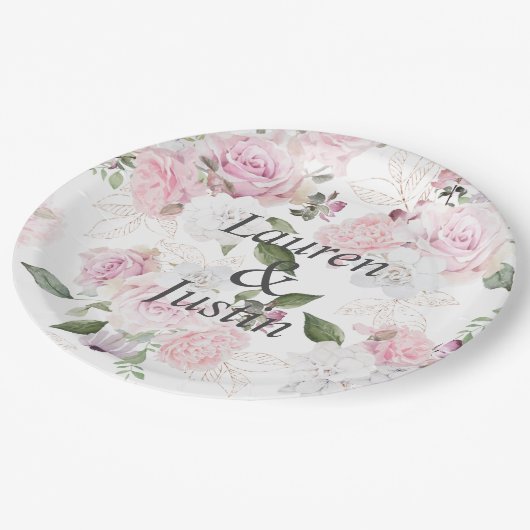 Roos Tuin Bloemen Monogram Bruiloft Papieren Bordje (Gekanteld)