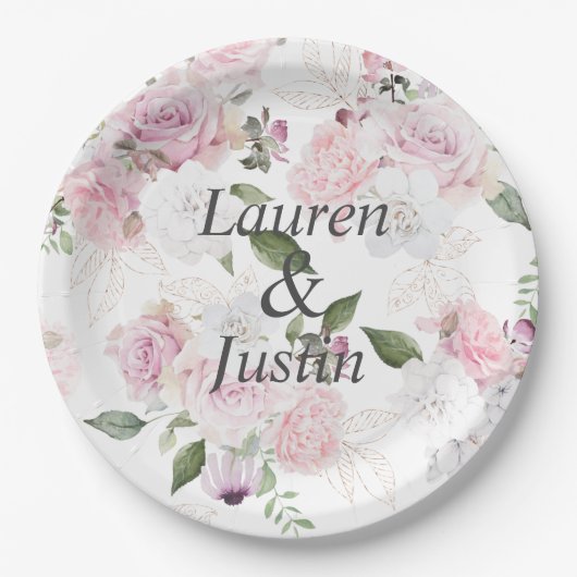 Roos Tuin Bloemen Monogram Bruiloft Papieren Bordje (Voorkant)