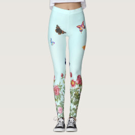 Roos tuin met vlinders op blauwe achtergrond leggings