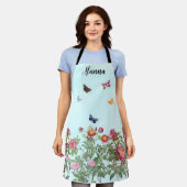 Roos tuin met vlinders op blauwe achtergrond schort (Gedragen)