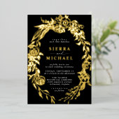 Roos Tuin | Moody Modern Goud en Zwart Bruiloft Folie Uitnodiging (Staand Voorkant)