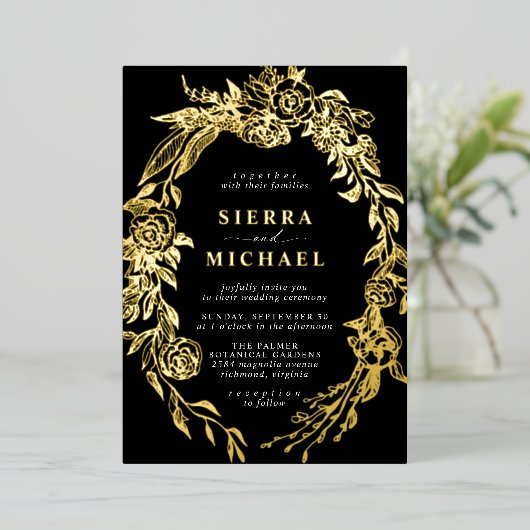 Roos Tuin | Moody Modern Goud en Zwart Bruiloft Folie Uitnodiging (Staand Voorkant)