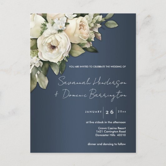 Roos Tuin Stoffig Blauw Huwelijksuitnodiging Briefkaart (Voorkant)