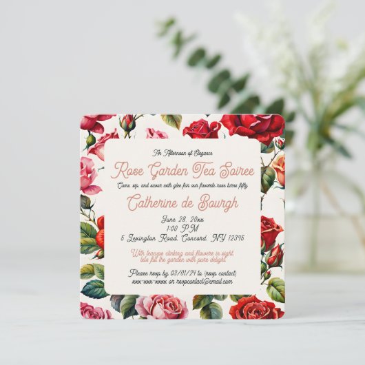 Roos Tuin Tea Party Uitnodiging (Staand voorkant)