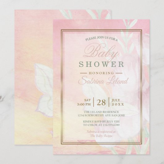 Roos van baby shower en Waterverf van koraal, vlin Kaart (Voorkant / Achterkant)