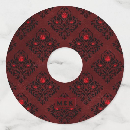  Roos van de Rode Gothic Wedding Damask Pattern Wijnglaslabel (Voorkant)