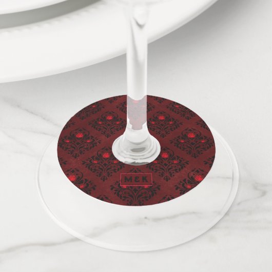  Roos van de Rode Gothic Wedding Damask Pattern Wijnglaslabel (Dichtbij)