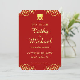 Roos van Floral papercut, rood en gouden Chinese b Save The Date