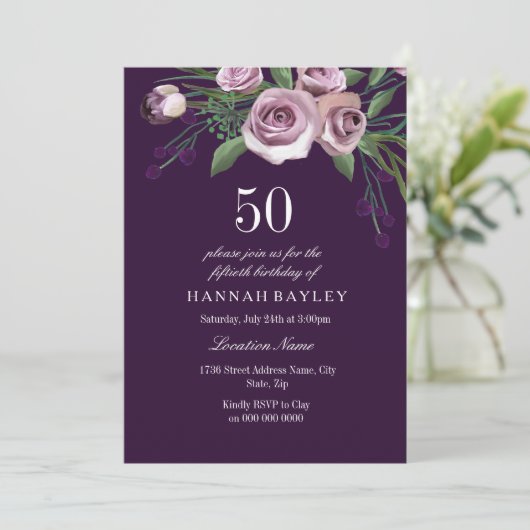 Roos van het Paars van Eggplant Vrouwen 50e verja Kaart (Staand voorkant)