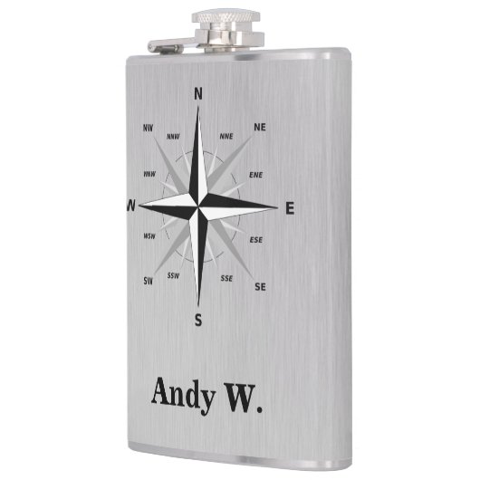 Roos van het windkompas en geborsteld aluminium heupfles (Links)