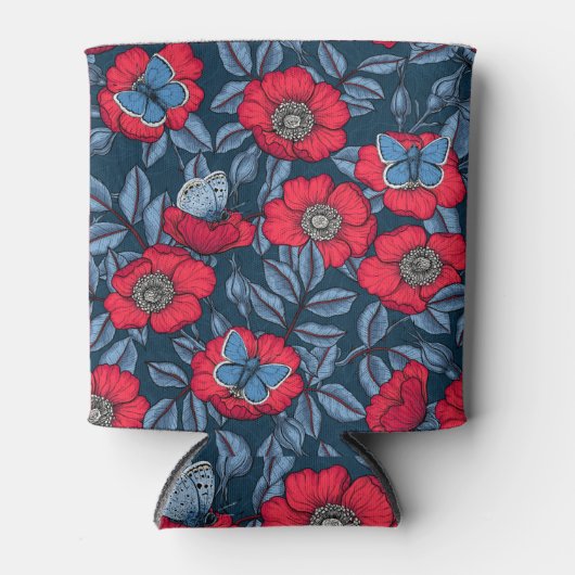 Roos van honden en vlinders, blauw en rood blikjeskoeler (Voorkant)