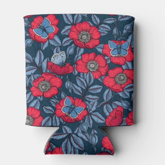 Roos van honden en vlinders, blauw en rood blikjeskoeler (Achterkant)