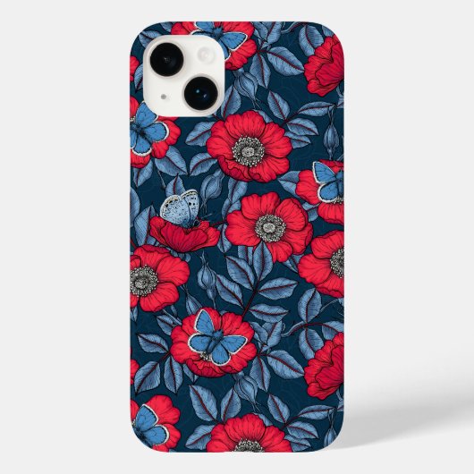 Roos van honden en vlinders, blauw en rood Case-Mate iPhone case (Achterkant)
