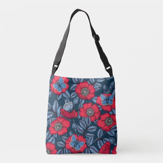Roos van honden en vlinders, blauw en rood crossbody tas (Achterkant)