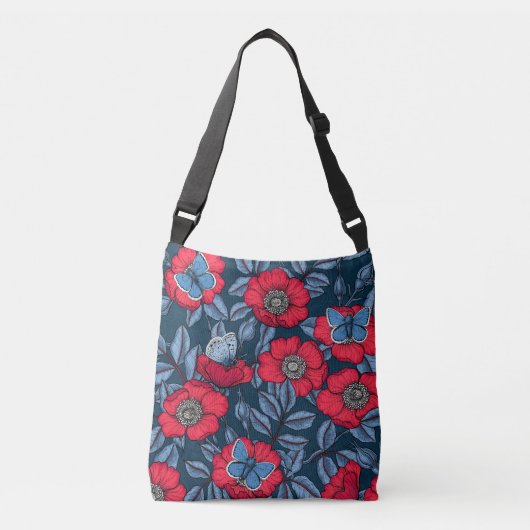 Roos van honden en vlinders, blauw en rood crossbody tas (Voorkant)