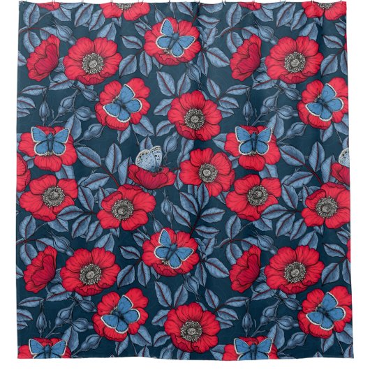 Roos van honden en vlinders, blauw en rood douchegordijn (Voorkant)