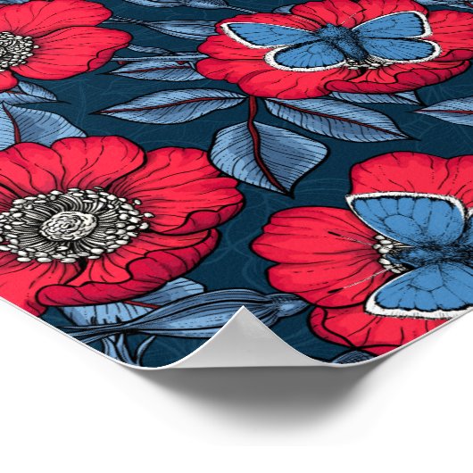 Roos van honden en vlinders, blauw en rood poster (Hoek)