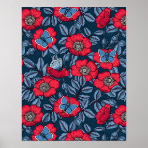 Roos van honden en vlinders, blauw en rood poster