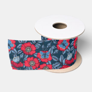 Roos van honden en vlinders, blauw en rood satijnen lint
