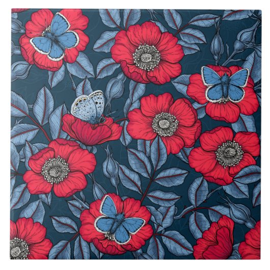 Roos van honden en vlinders, blauw en rood tegeltje (Voorkant)