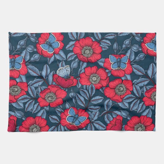 Roos van honden en vlinders, blauw en rood theedoek (Horizontaal)