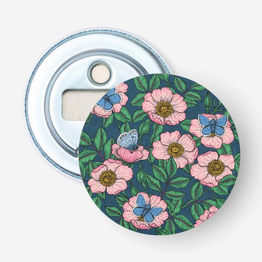 Roos van honden en vlinders button flesopener (Voorkant)
