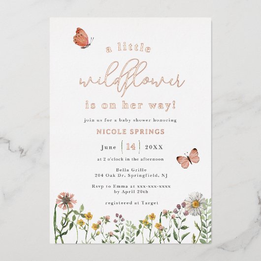 Roos van kleine wilde Baby showers Folie Uitnodiging (Voorkant)