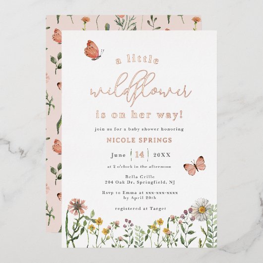 Roos van kleine wilde Baby showers Folie Uitnodiging (Voorkant / Achterkant)