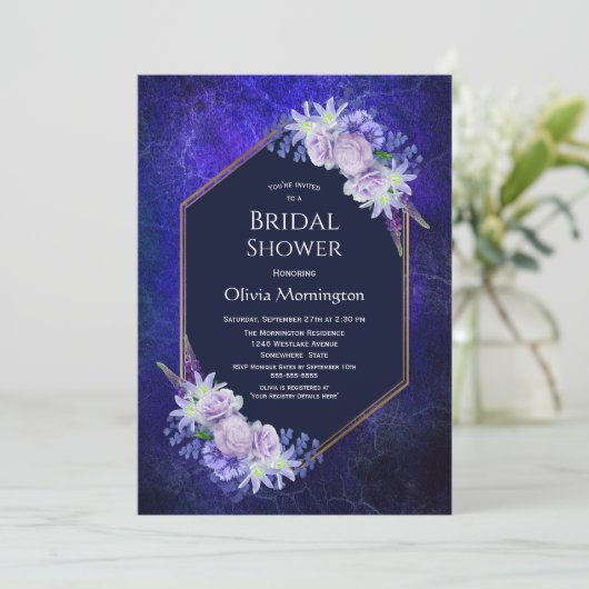 Roos van Lavender Floral Blue Geometric Vrijgezell Kaart (Staand voorkant)