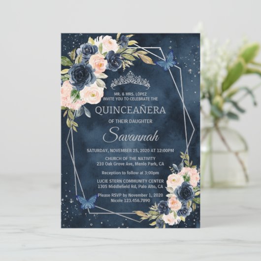 Roos van Navy Blue en Silver Elegant Quinceanera Kaart (Staand voorkant)