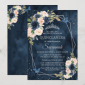 Roos van Navy Blue en Silver Elegant Quinceanera Kaart (Voorkant / Achterkant)