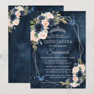 Roos van Navy Blue en Silver Elegant Quinceanera Kaart