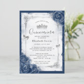 Roos van Navy Blue en Silver Elegant Quinceanera Kaart (Staand voorkant)